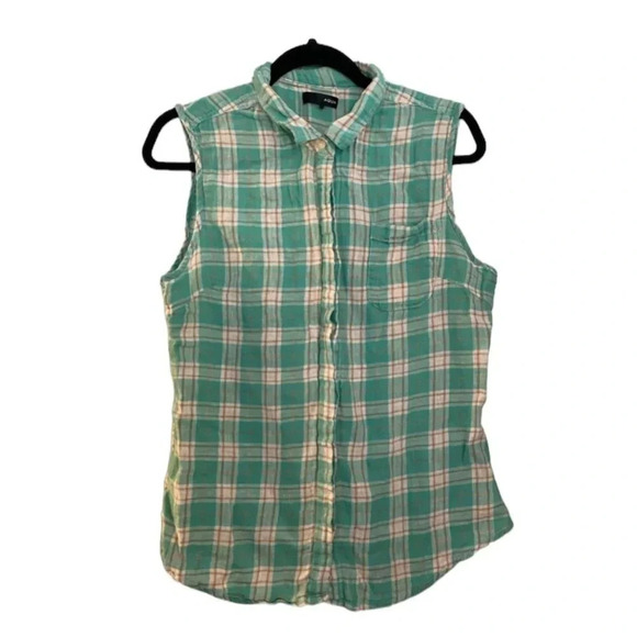 Aqua Bloomingdales Green Plaid Button Down Tank Western size Large - Picture 1 of 4